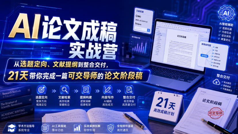 AI论文成稿实战营，从选题定向、文献提纲到整合交付，21天带你完成一篇可交导师的论文阶段稿-来友网创
