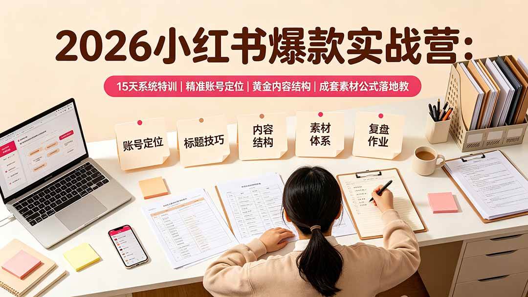 （19332期）2026小红书爆款实战营：15天系统特训｜精准账号定位｜黄金内容结构｜成套素材公式落地教程-来友网创