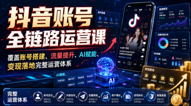 抖音账号全链路运营课，覆盖账号搭建、流量提升、AI赋能、变现落地完整运营体系-来友网创