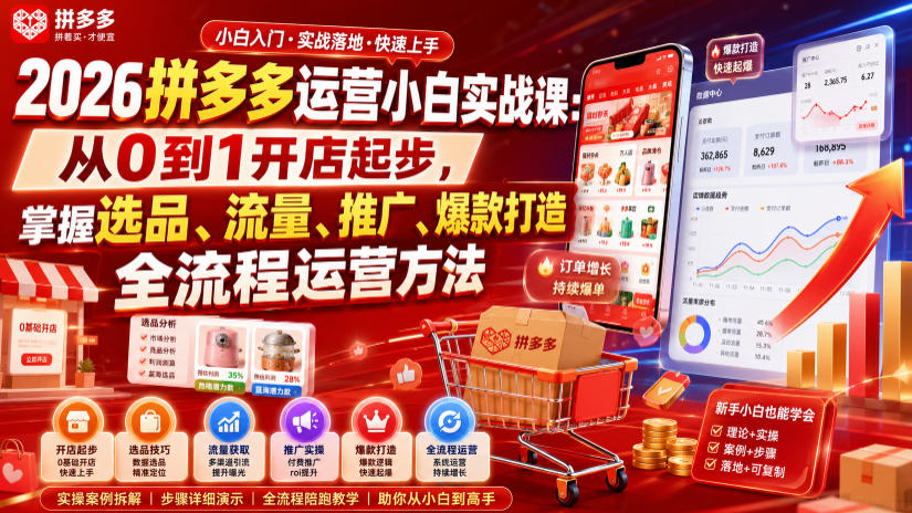 2026拼多多运营小白实战课：从0到1开店起步，掌握选品、流量、推广、爆款打造全流程运营方法-来友网创