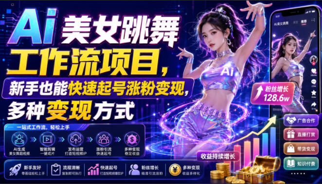 Ai美女跳舞工作流项目，新手也能快速起号涨粉变现，多种变现方式-来友网创