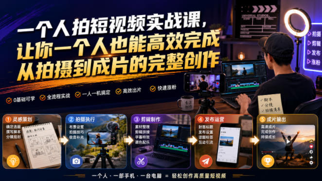 一个人拍短视频实战课，让你一个人也能高效完成从拍摄到成片的完整创作-来友网创