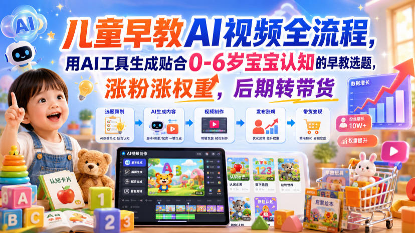 儿童早教AI视频全流程，用AI工具生成贴合0-6岁宝宝认知的早教选题，涨粉涨权重，后期转带货-来友网创