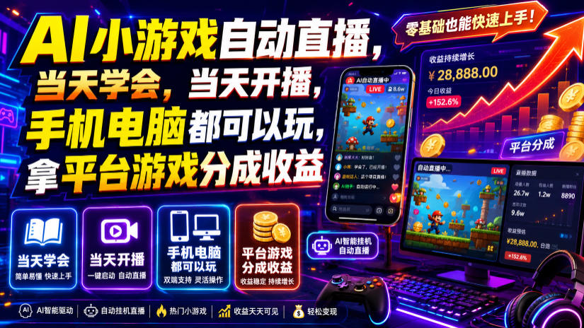 AI小游戏自动直播，当天学会，当天开播，手机电脑都可以玩，拿平台游戏分成收益-来友网创