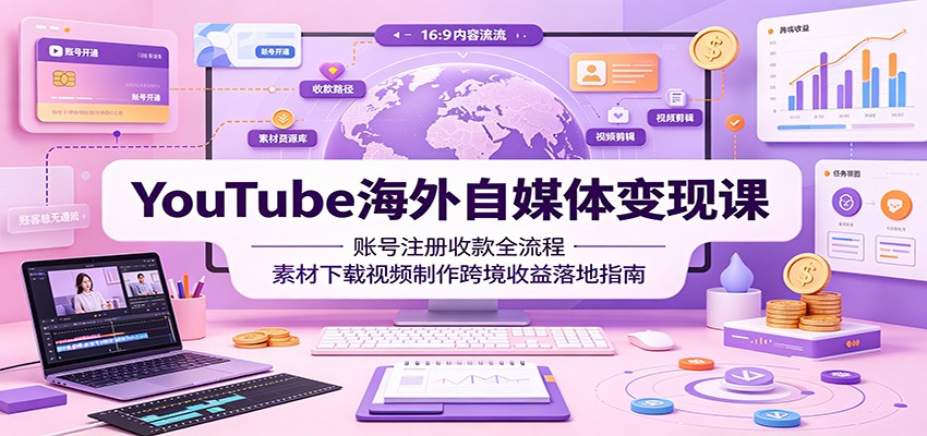 YouTube海外自媒体变现课：账号注册收款全流程，素材下载视频制作跨境收益落地指南-来友网创