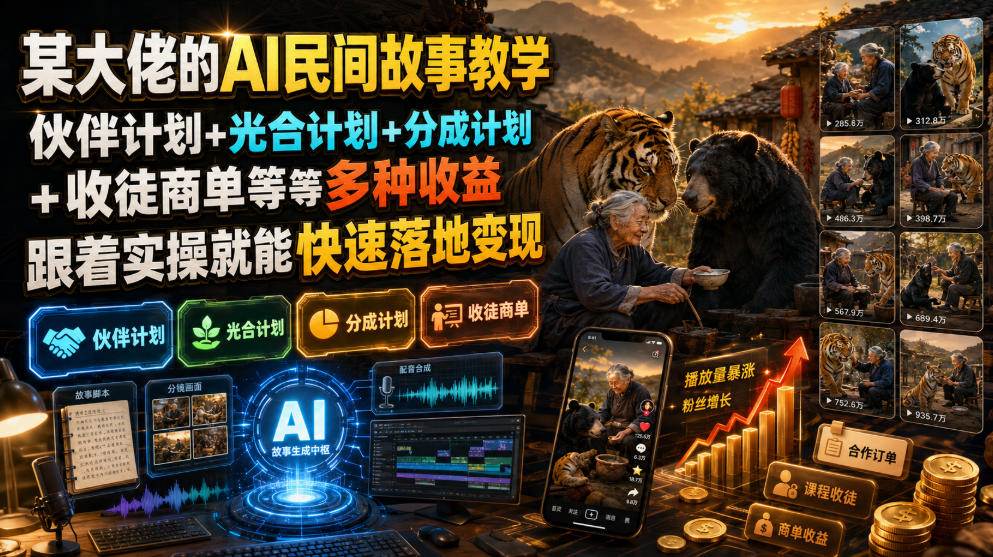 （19360期）某大佬的AI民间故事教学，伙伴计划+光合计划+分成计划+收徒商单等多种收益，跟着实操就能快速落地变现-来友网创