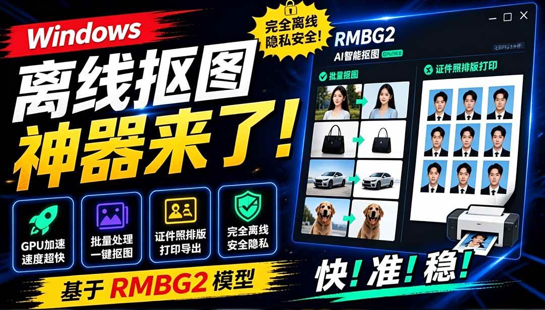 （19357期）Windows离线抠图神器来了！支持批量抠图 + 证件照排版打印，基于RMBG2模型，GPU加速 方块AI抠图-来友网创