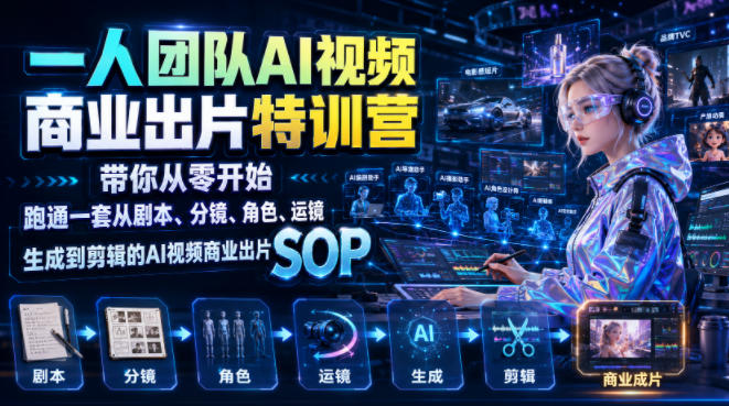 一人团队AI视频商业出片实战课：带你从零开始跑通一套从剧本、分镜、角色、运镜、生成到剪辑的AI视频商业出片SOP-来友网创