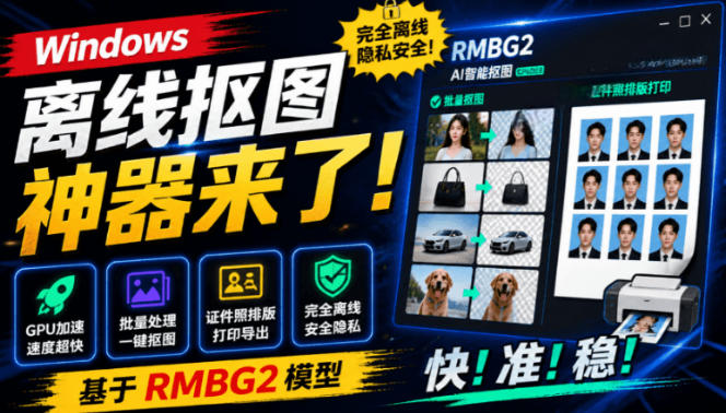 Windows离线抠图神器来了！支持批量抠图+证件照排版打印，基于RMBG2模型，GPU加速方块AI抠图-来友网创