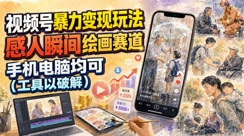 视频号暴力变现玩法，感人瞬间绘画赛道，手机电脑均可-来友网创