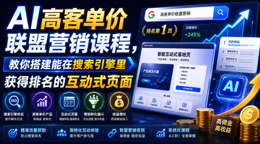 AI高客单价联盟营销课程，教你搭建能在搜索引擎里获得排名的互动式页面，引来流量，把访客转化为高佣金的成交【原创双语字幕】-来友网创