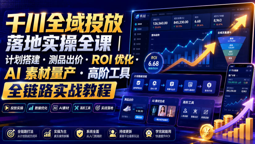 千川全域投放落地实操全课｜计划搭建・测品出价・ROI优化・AI素材量产・高阶工具全链路实战教程-来友网创