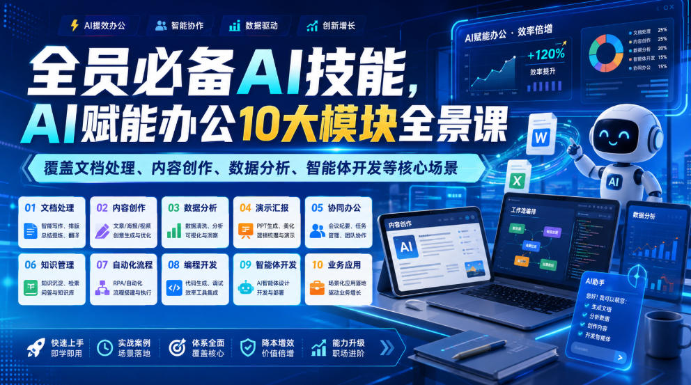 全员必备AI技能，AI赋能办公10大模块全景课，覆盖文档处理、内容创作、数据分析、智能体开发等核心场景-来友网创
