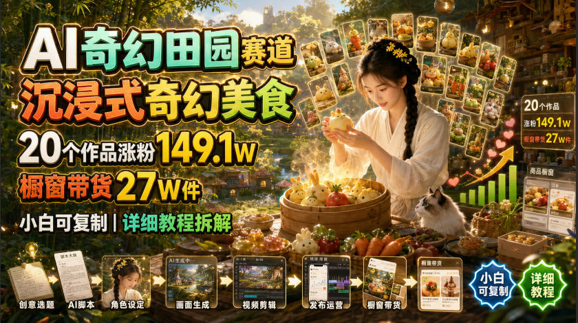 AI奇幻田园赛道，沉浸式奇幻美食，20个作品涨粉149.1W，橱窗带货27W件，小白可复制，详细教程拆解-来友网创