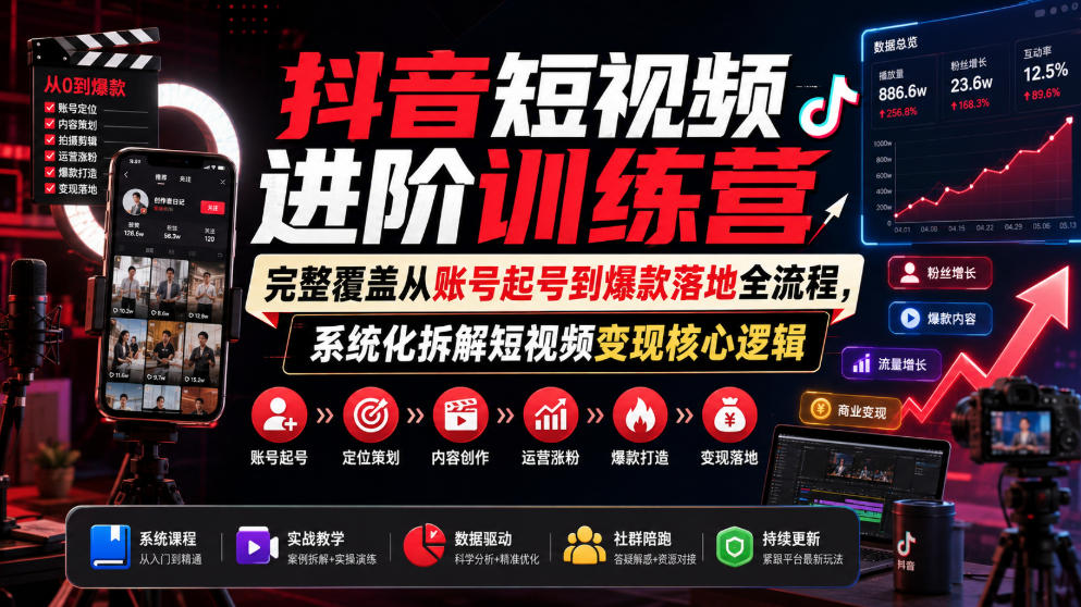 抖音短视频进阶训练营，完整覆盖从账号起号到爆款落地全流程，系统化拆解短视频变现核心逻辑-来友网创