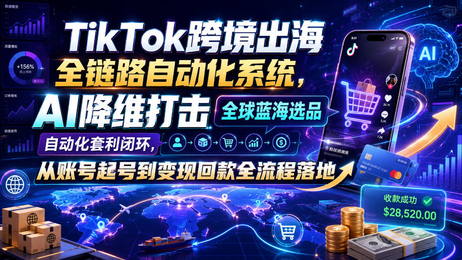 TikTok跨境出海全链路自动化系统，AI降维打击全球蓝海选品自动化套利闭环，从账号起号到变现回款全流程落地（2026年7月）-来友网创