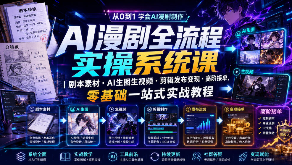 AI漫剧全流程实操系统课｜剧本素材・AI生图生视频・剪辑发布变现・高阶接单，零基础一站式实战教程-来友网创