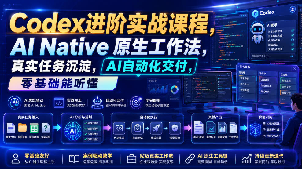 Codex进阶实战课｜AI Native原生工作法，22节真实任务落地，从配置到AI自动化交付全链路教程-来友网创