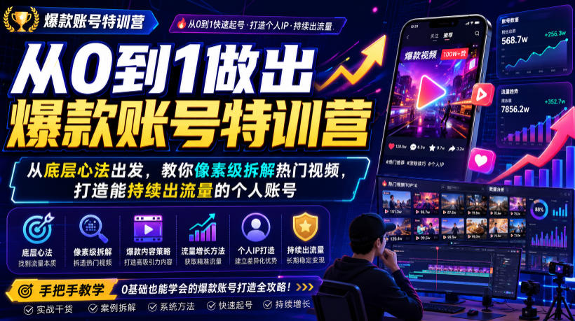 从0到1做出爆款账号特训营，从底层心法出发，教你像素级拆解热门视频，打造能持续出流量的个人账号-来友网创