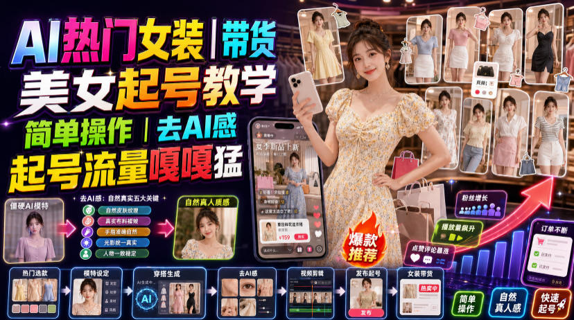 AI热门女装带货丨美女起号教学，简单操作，去AI感，起号流量嘎嘎猛-来友网创