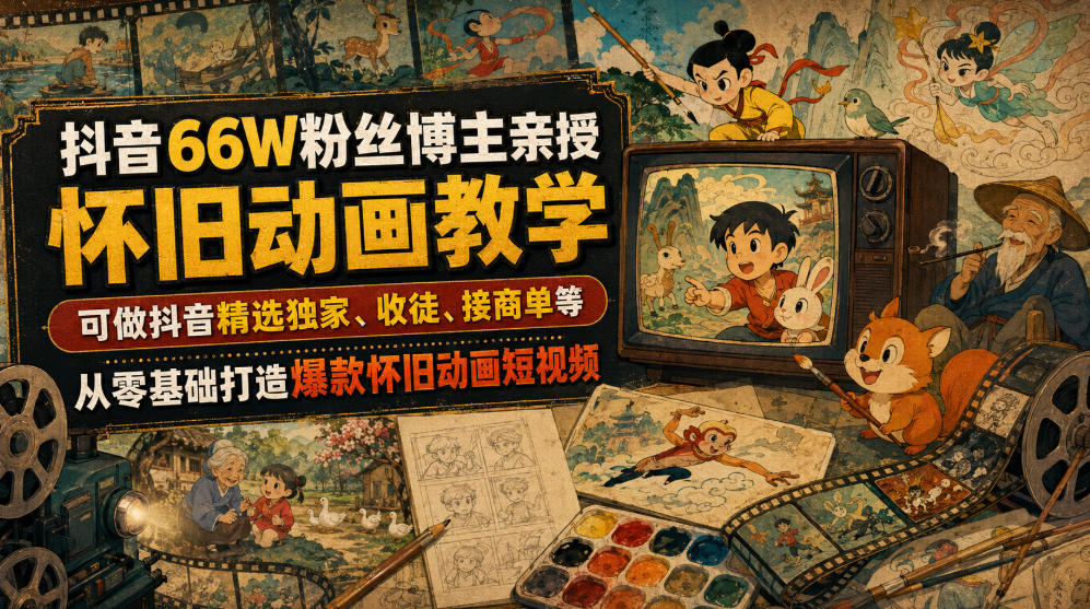 抖音66W粉丝博主亲授怀旧动画教学，可做抖音精选独家、收徒、接商单等，从零基础打造爆款怀旧动画短视频-来友网创