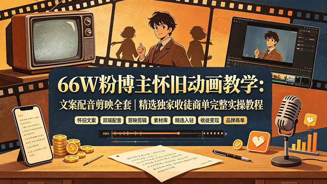 （19499期）66W粉博主怀旧动画教学：文案配音剪映全套｜精选独家收徒商单完整实操教程-来友网创
