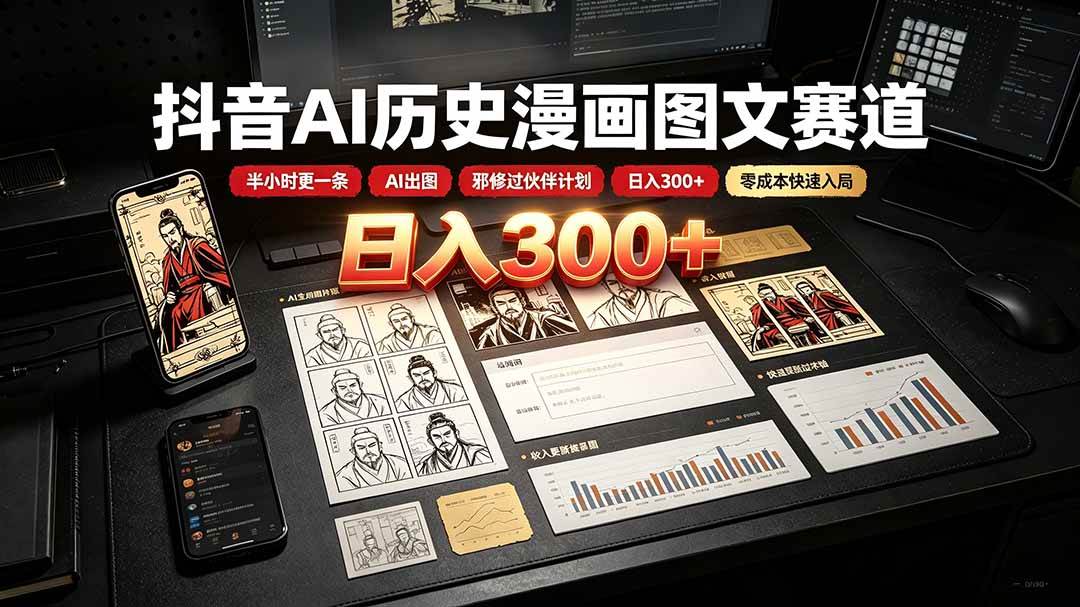 （19498期）抖音AI历史漫画图文赛道：半小时更一条×AI出图×邪修过伙伴计划×日入300+，零成本快速入局-来友网创