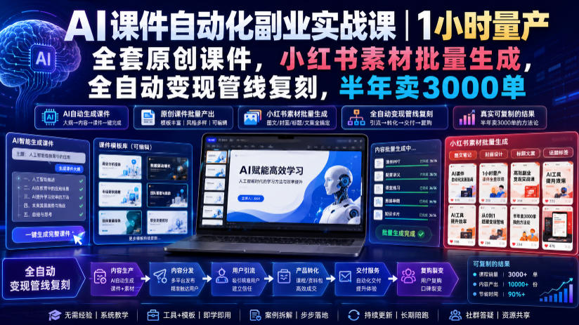 AI课件自动化副业实战课｜1小时量产全套原创课件，小红书素材批量生成，全自动变现管线复刻，半年卖3000单-来友网创