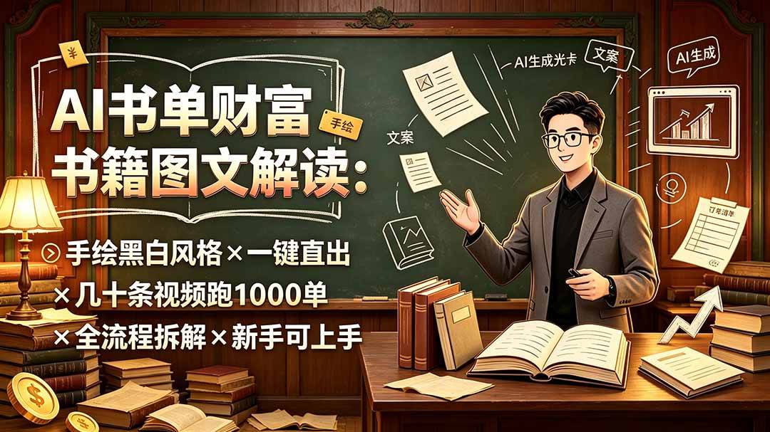 （19515期）AI书单财富书籍图文解读：手绘黑白风格×一键直出×几十条视频跑1000单×全流程拆解×新手可上手-来友网创