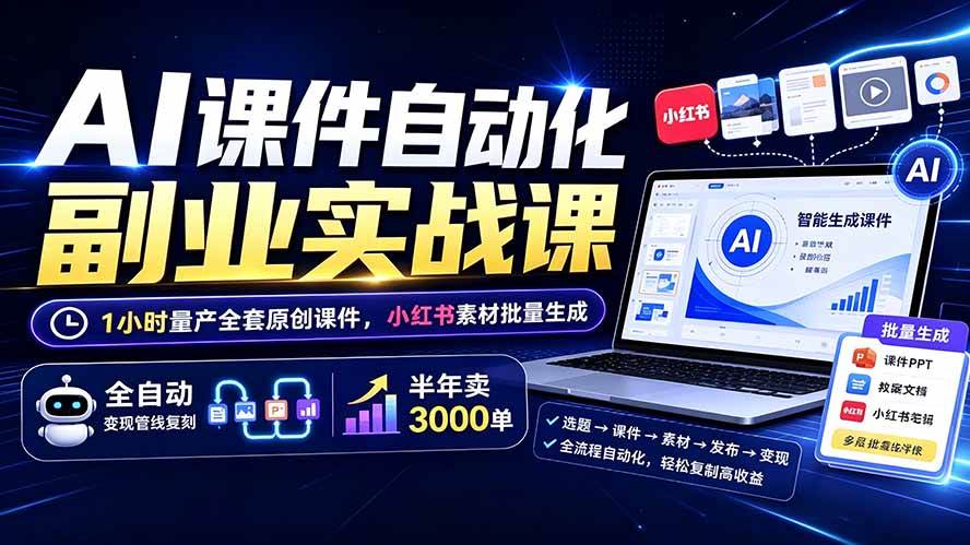 （19518期）AI课件自动化副业实战课：1小时量产全套原创课件×小红书素材批量生成×全自动变现管线×半年卖3000单-来友网创