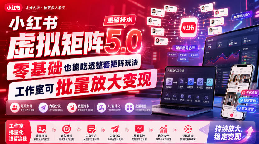 小红书虚拟矩阵5.0重磅技术，零基础也能吃透整套矩阵玩法，工作室可批量放大变现-来友网创