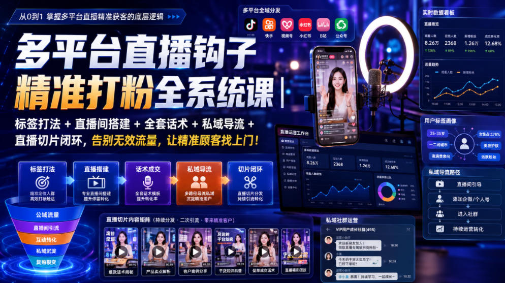 多平台直播钩子精准打粉全系统课｜标签打法+直播间搭建+全套话术+私域导流+直播切片闭环，告别无效流量，让精准顾客找上门！-来友网创
