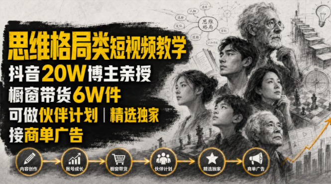 人性思维格局类短视频教学，抖音20W博主亲授，橱窗带货6W件，可做伙伴计划、精选独家、接商单广告-来友网创