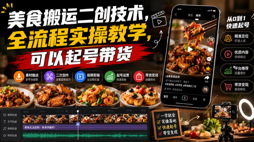 美食搬运二创技术，全流程实操教学，可以起号带货-来友网创