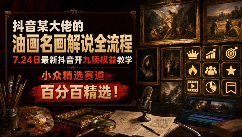 抖音某大佬的油画名画解说全流程，7.24日最新抖音开九项权益教学，小众精选赛道，百分百精选！-来友网创