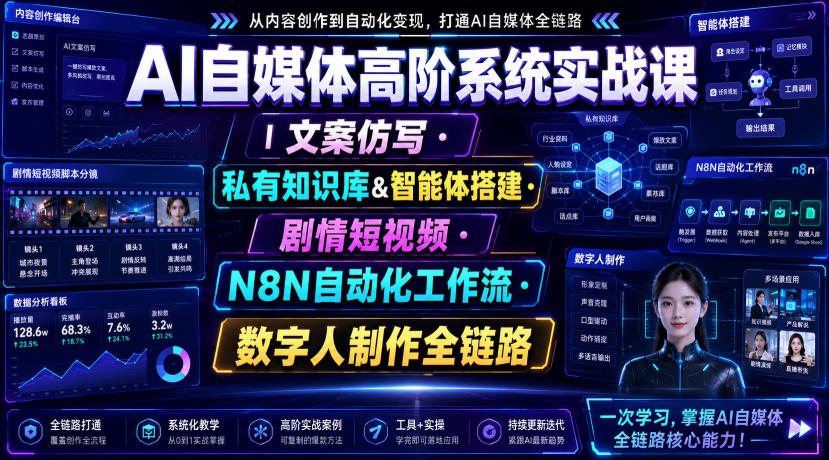 AI自媒体高阶系统实战课｜文案仿写・私有知识库&智能体搭建・剧情短视频・N8N自动化工作流・数字人制作全链路-来友网创