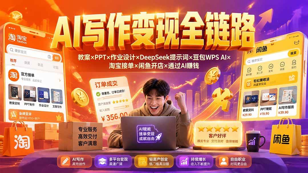 （19561期）2026AI写作变现全链路：教案×PPT×作业设计×DeepSeek提示词×豆包WPS AI×淘宝接单×闲鱼开店×通过AI賺钱-来友网创