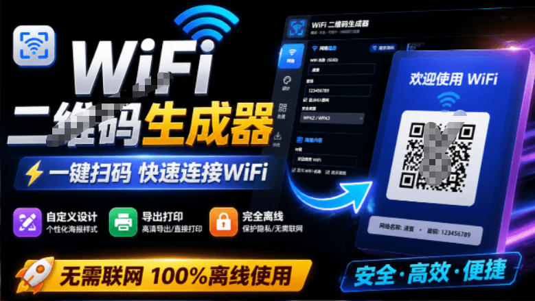 完全离线使用！WiFi二维码生成器，一键扫码快速连接WiFi，支持自定义风格导出WiFi二维码生成器-来友网创