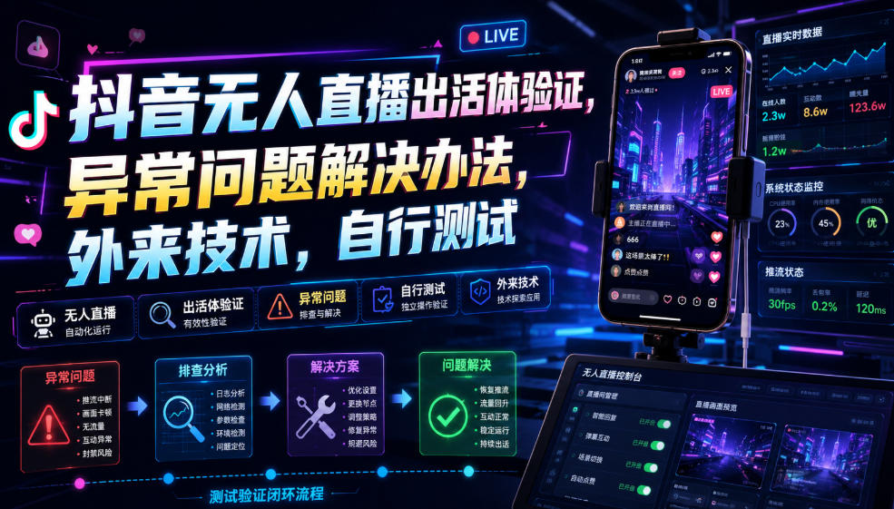 抖音无人直播出活体验证，异常问题解决办法，外来技术，自行测试-来友网创