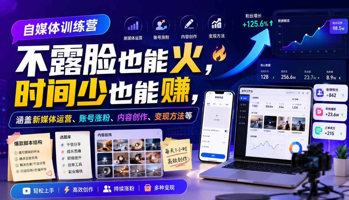 自媒体训练营，不露脸也能火，时间少也能賺，涵盖新媒体运营、账号涨粉、内容创作、变现方法等-来友网创