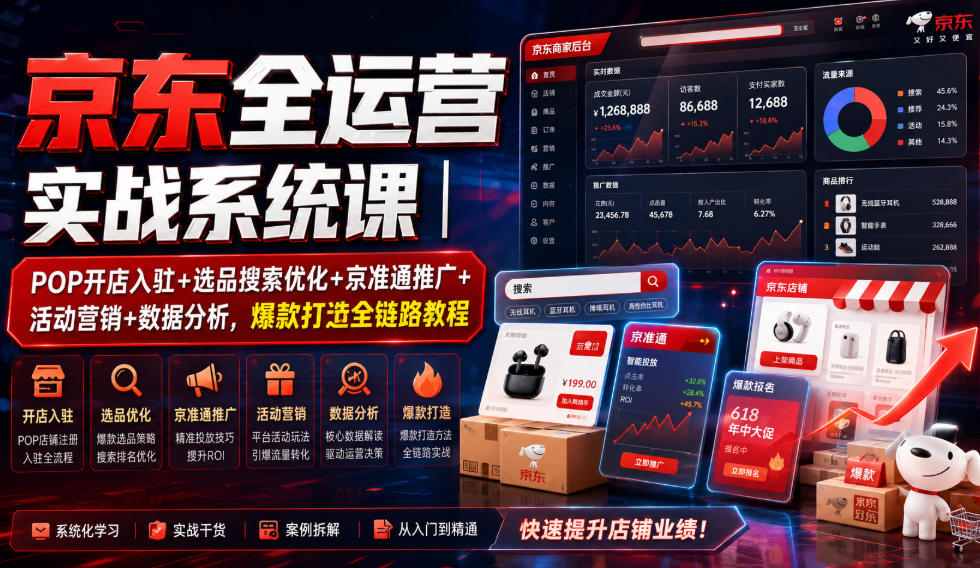 京东全运营实战系统课｜POP开店入驻+选品搜索优化+京准通推广+活动营销+数据分析，爆款打造全链路教程-来友网创