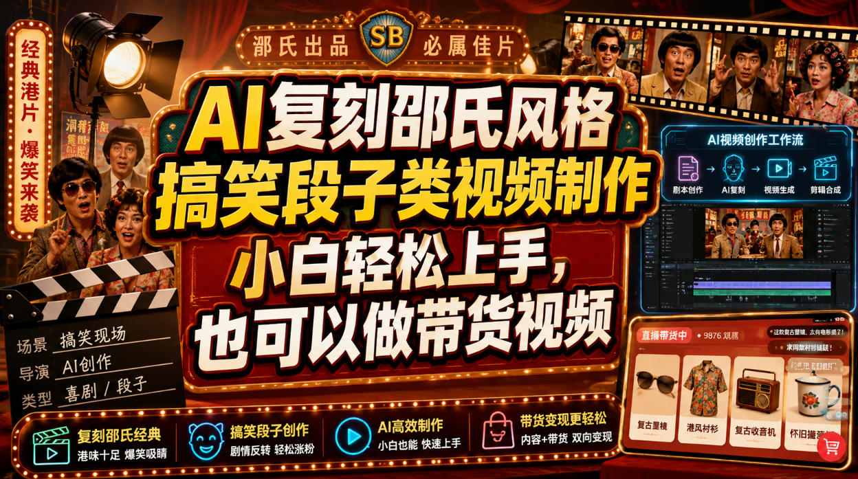 AI复刻邵氏风格搞笑段子类视频制作，小白轻松上手，也可以做带货视频-来友网创