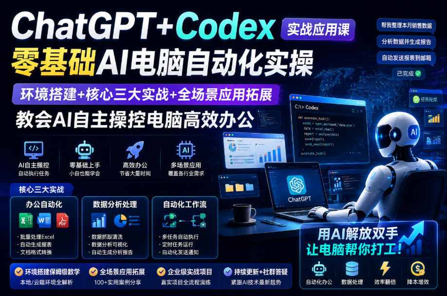ChatGPT+Codex实战应用课｜零基础AI电脑自动化实操，环境搭建+核心三大实战+全场景应用拓展，教会AI自主操控电脑高效办公-来友网创