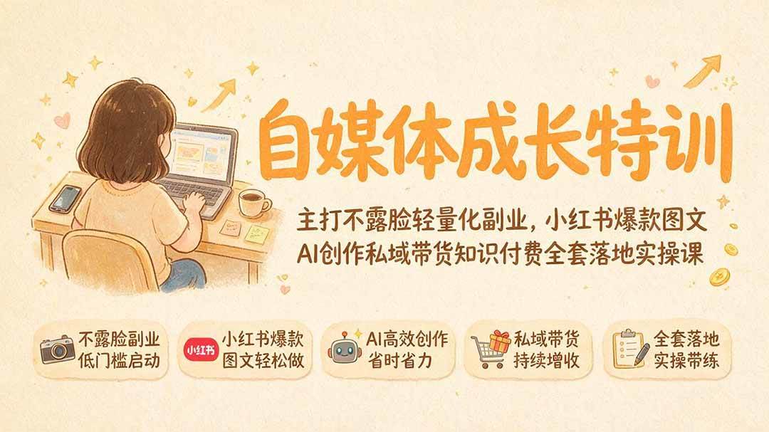 （19584期）自媒体成长特训｜主打不露脸轻量化副业，小红书爆款图文AI创作私域带货知识付费全套落地实操课-来友网创