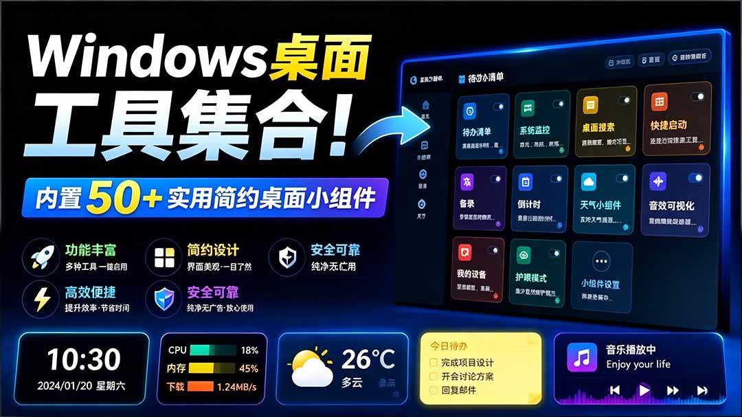 （19585期）Windows桌面工具集合！内置50+实用简约桌面小组件，含截图、录屏、翻译、天气等，多秘工具箱-来友网创