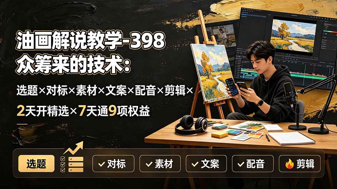 （19587期）油画解说教学-398众筹来的技术-刯新：选题×对标×素材×文案×配音×剪辑×2天开精选×7天通9项权益-来友网创