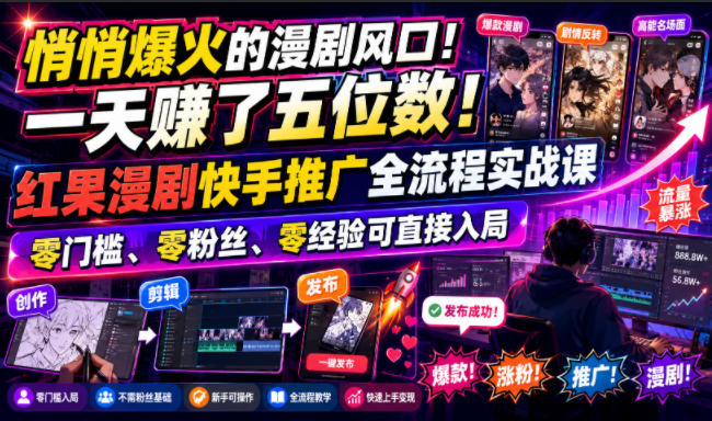 悄悄爆火的漫剧风口！一天賺了五位数！红果漫剧快手推广全流程实战课，零门槛、零粉丝、零经验可直接入局-来友网创