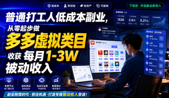 普通打工人低成本副业，从零起步做多多虚拟类目，收获每月1-3W被动收入【揭秘】-来友网创