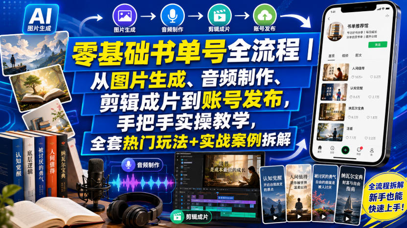 零基础书单号全流程｜从图片生成、音频制作、剪辑成片到账号发布，手把手实操教学，全套热门玩法+实战案例拆解-来友网创
