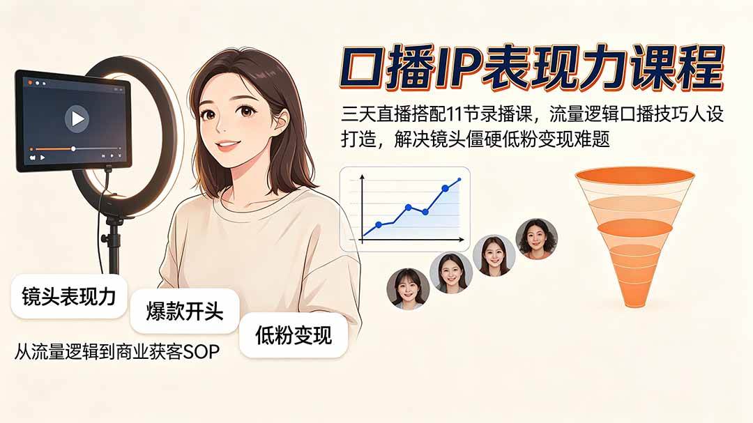 （19604期）口播IP表现力课程｜三天直播搭配11节录播课，流量逻辑口播技巧人设打造，解决镜头僵硬低粉变现难题-来友网创